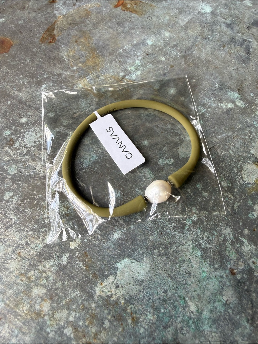 Canvas Olive Green Silcone Bracelet with Pearl Accent
